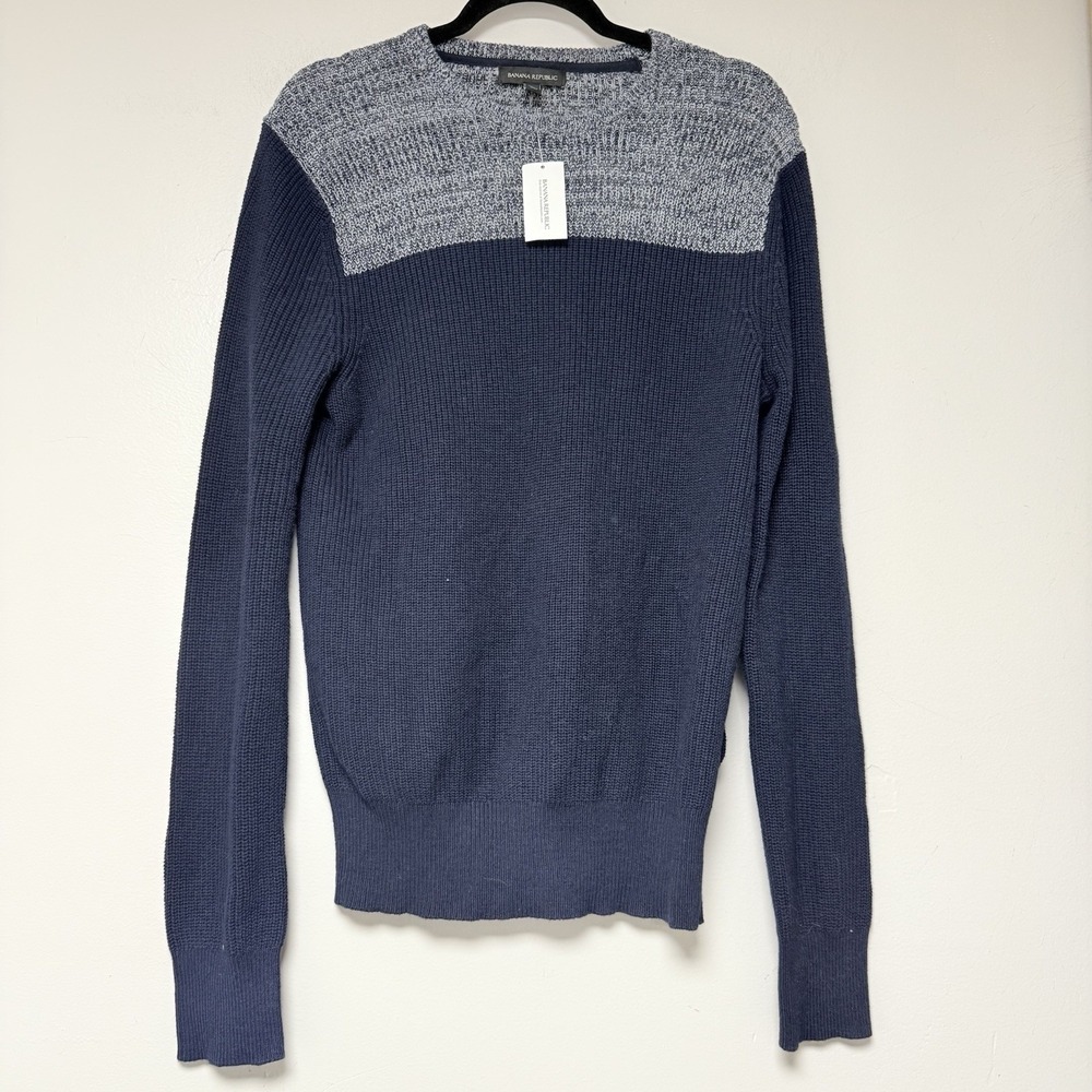 Banana Republic Mens Sweater Navy Blue Grey Color Block‎ Crew Neck Size Medium